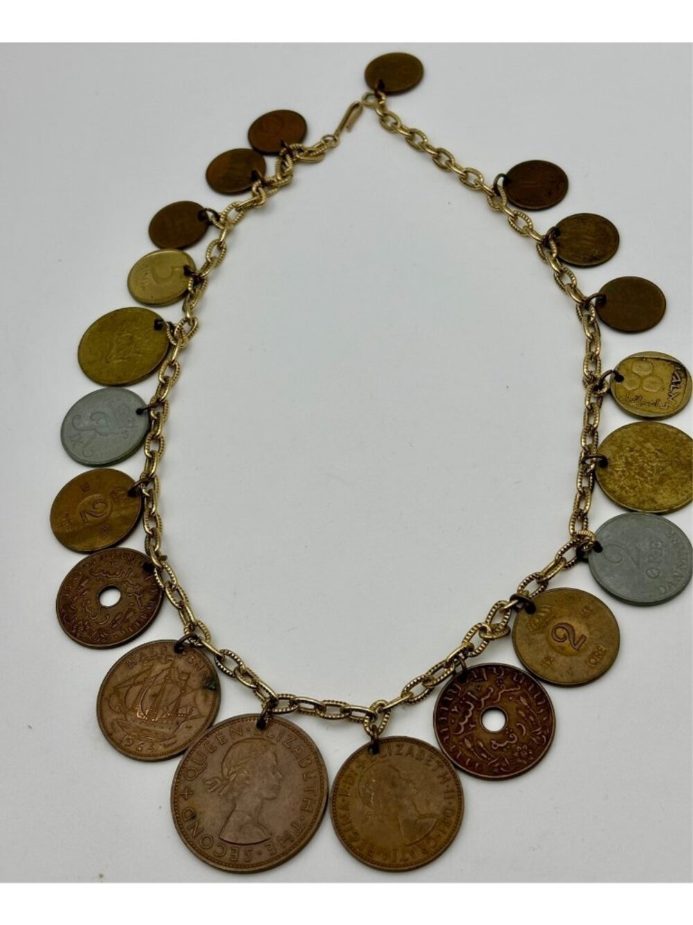 International Vintage Coins Collectors Necklace Copper Brass Zinc